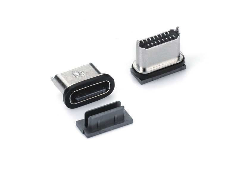 TYPE-C 16P防水母座 两脚直立式贴板 顶胶款粉末冶金