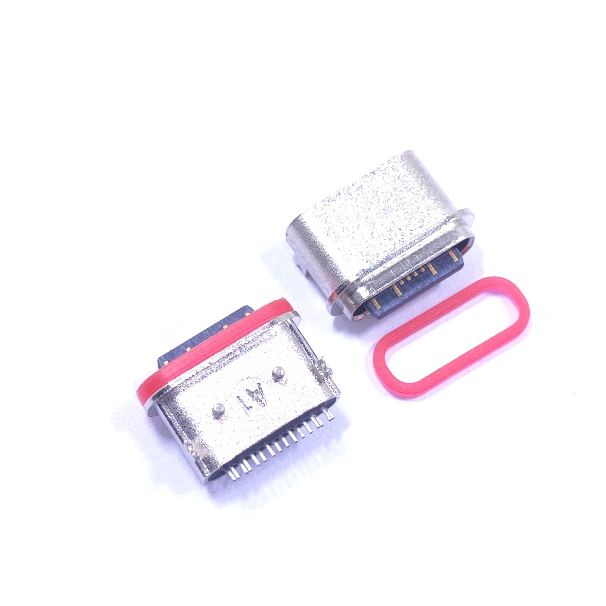 TYPE-C 16P防水母座 板上四脚带柱 顶胶圈款粉末冶金