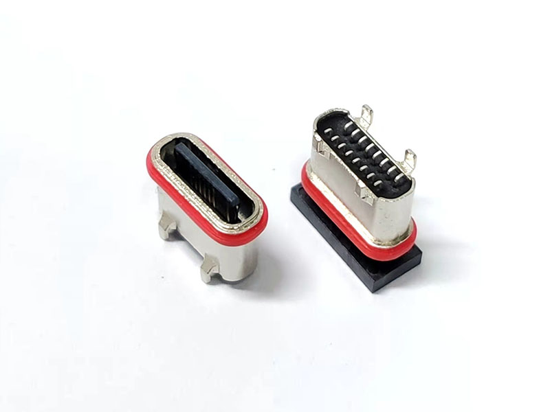 TYPE-C 16P防水母座 立式贴板四脚插 U型口粉末冶金外壳